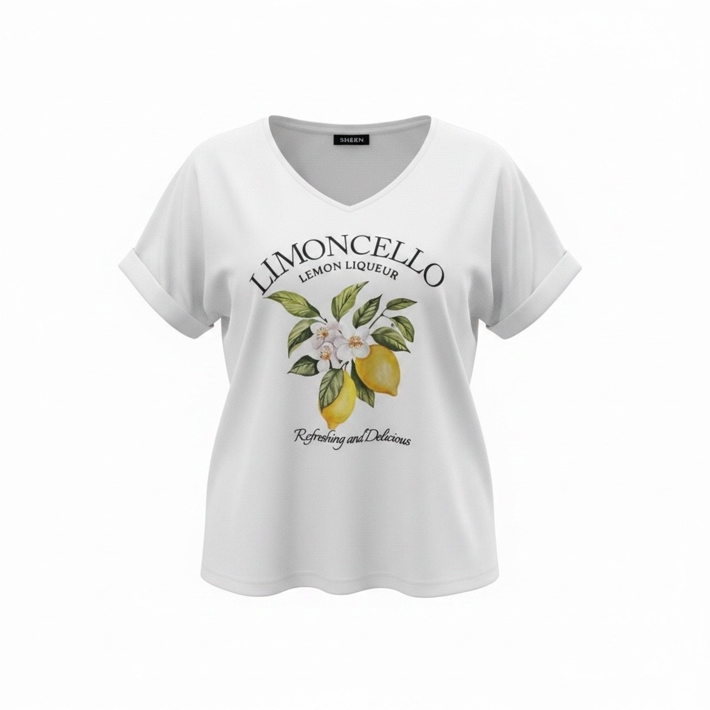 SHEIN Limoncello Lemon Liqueur Graphic V-Neck Tee White Size L